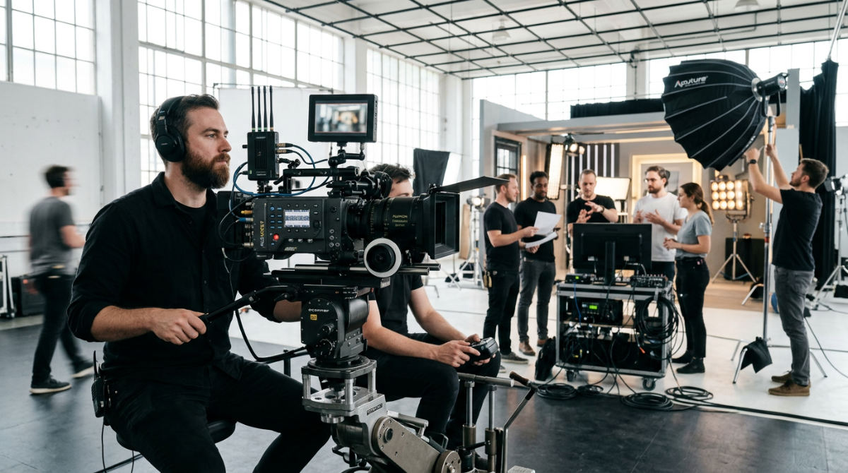 A professional film crew uses high-end cinema cameras during a collaborative video production shoot in a studio.