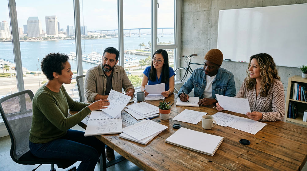 A creative team conducts a pre-production planning session with storyboards and scripts at a wooden conference table.
