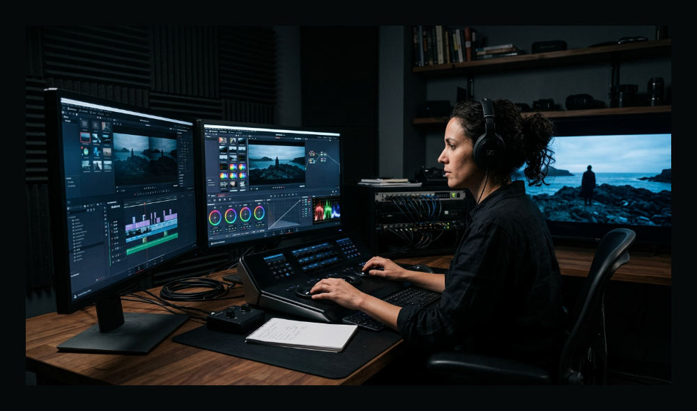 A professional video editor performs color grading and sound design in a specialized post-production suite.