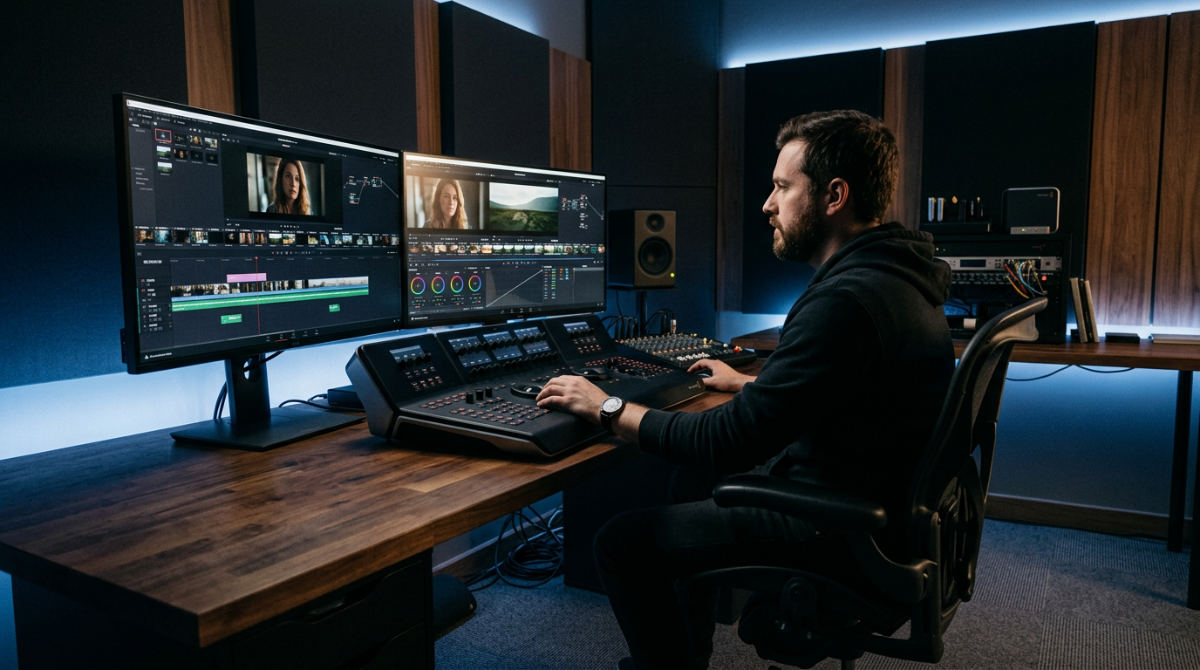 A professional post-production suite in 2026 featuring advanced editing software and color grading tools for film refinement.