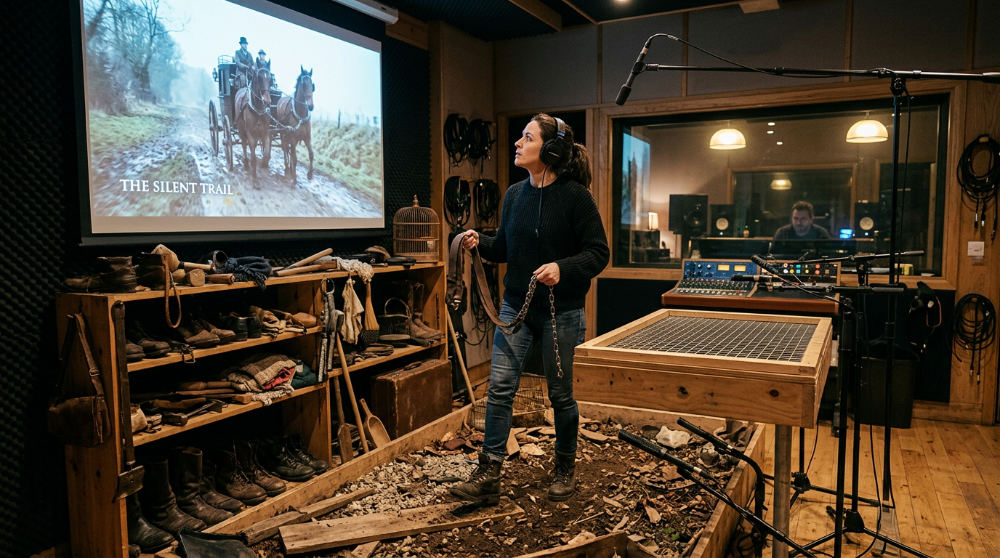 A Foley artist creating realistic sound effects in a professional studio to enhance film audio.