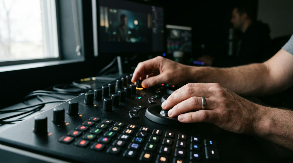 Professional color grading procedure being performed on a specialized control surface in a dark studio.