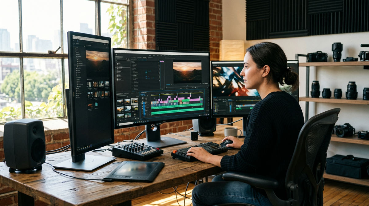 A professional editing suite demonstrating the high-end workspace required for Adobe Premiere Pro price justification.