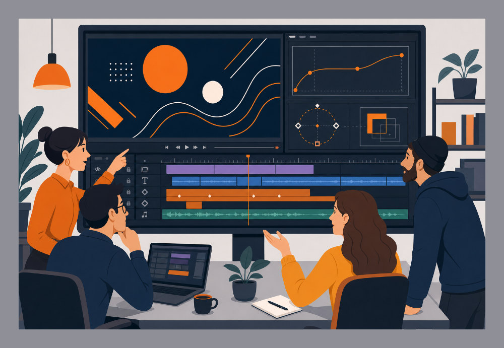 A creative marketing team reviewing video content in a collaborative workspace.