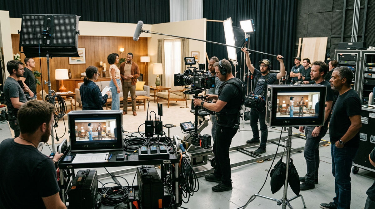 A professional film production crew works with high-end cinema cameras and lighting in a modern studio setting.