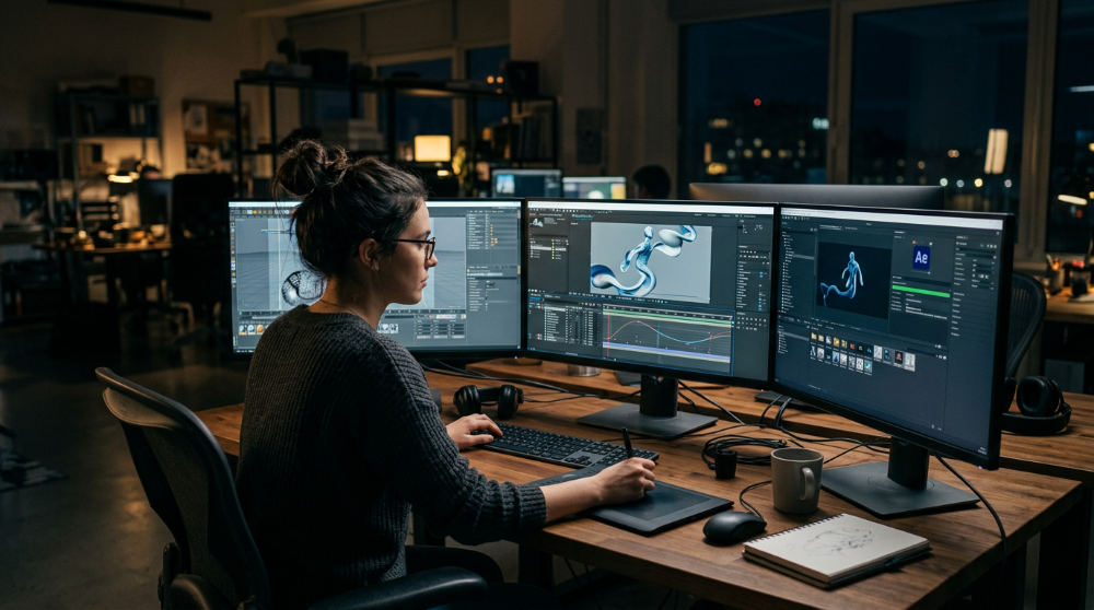 A creative designer working at a dual-monitor workstation creates motion graphics and high-fidelity digital animations for a commercial production.