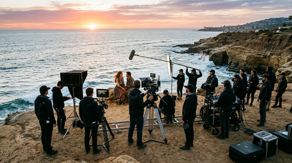 A professional film crew on location in San Diego uses a high-end cinema camera and lighting equipment to capture footage during a sunset shoot.