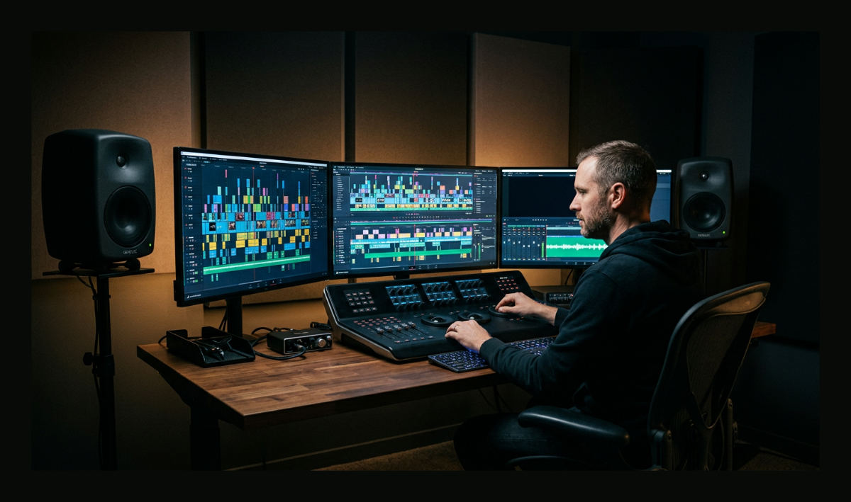 A professional video editing suite showing a complex Avid Media Composer timeline on multiple monitors in a studio.