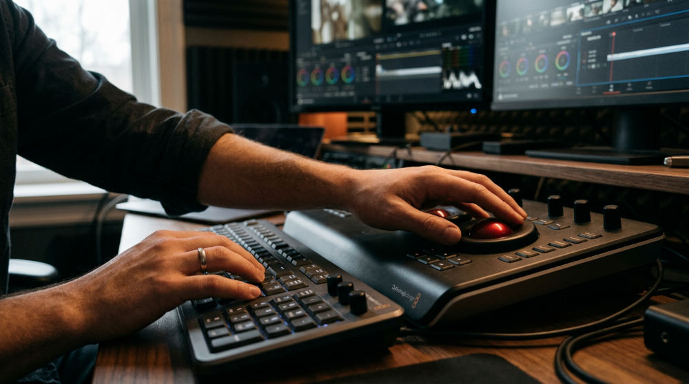 Close-up of a video editor using professional hardware to grade a corporate film in a studio.