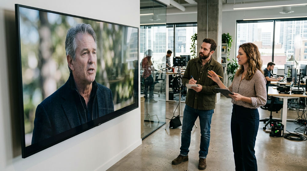 Two editors collaborating on a high-end corporate video project using shared storage workflows.