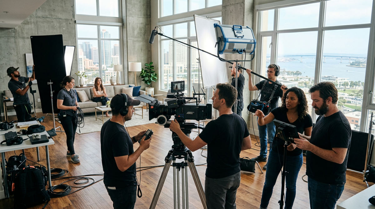 A professional camera crew and director filming a high-end commercial inside a brightly lit San Diego studio space.