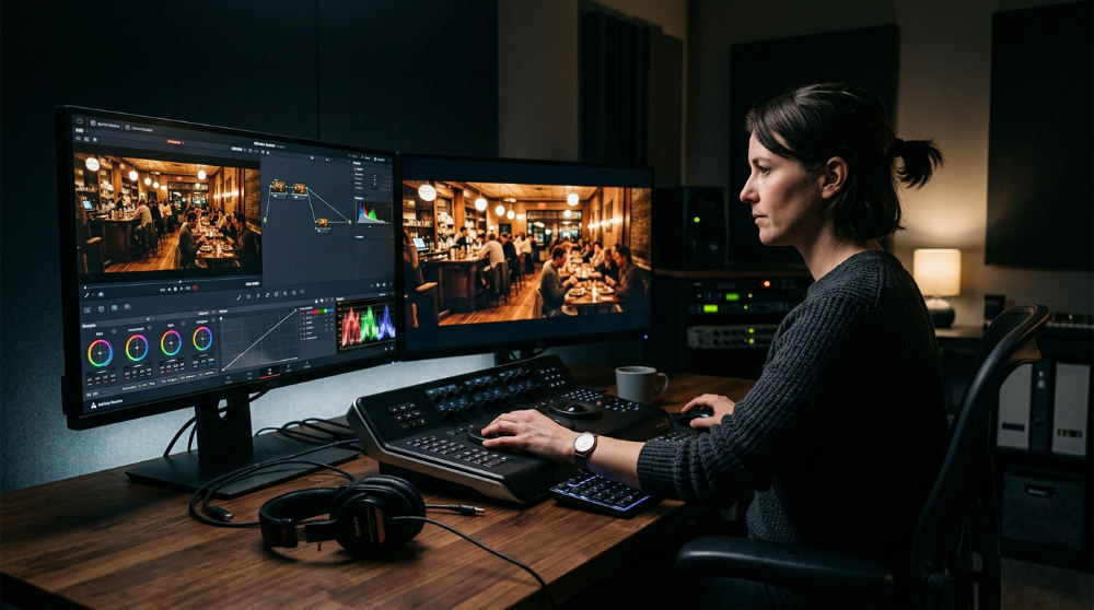 A video editor performs professional color grading on a commercial project in a specialized post-production suite.