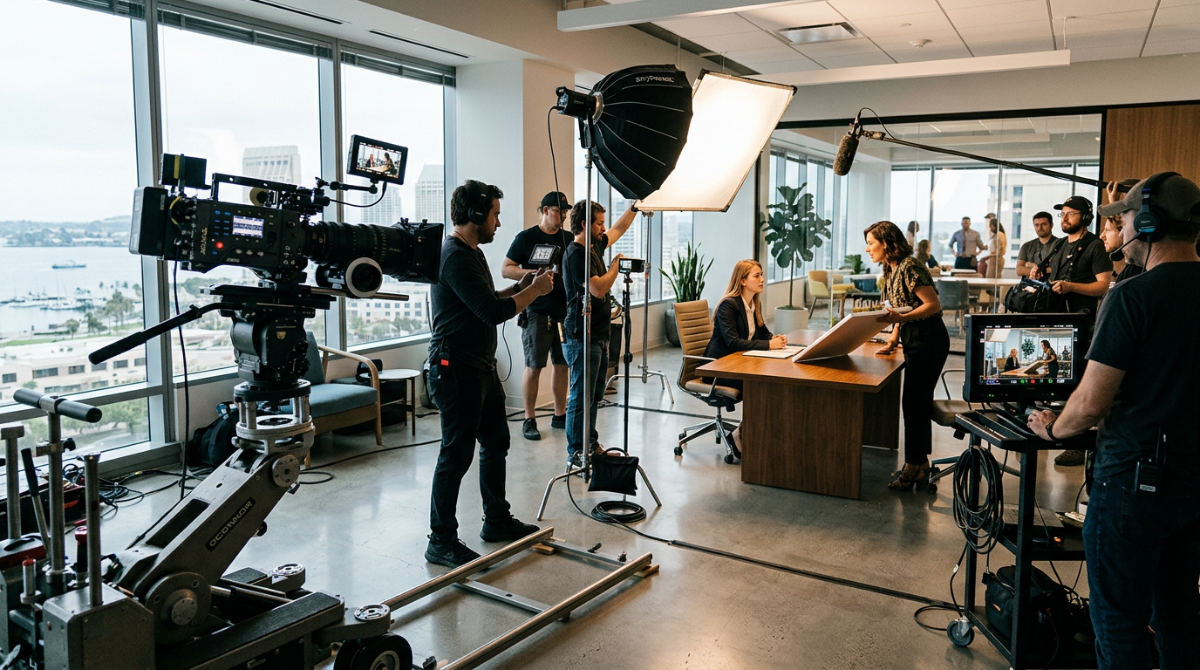 A professional film crew captures high-end brand storytelling footage in a bright, modern San Diego corporate office setting.
