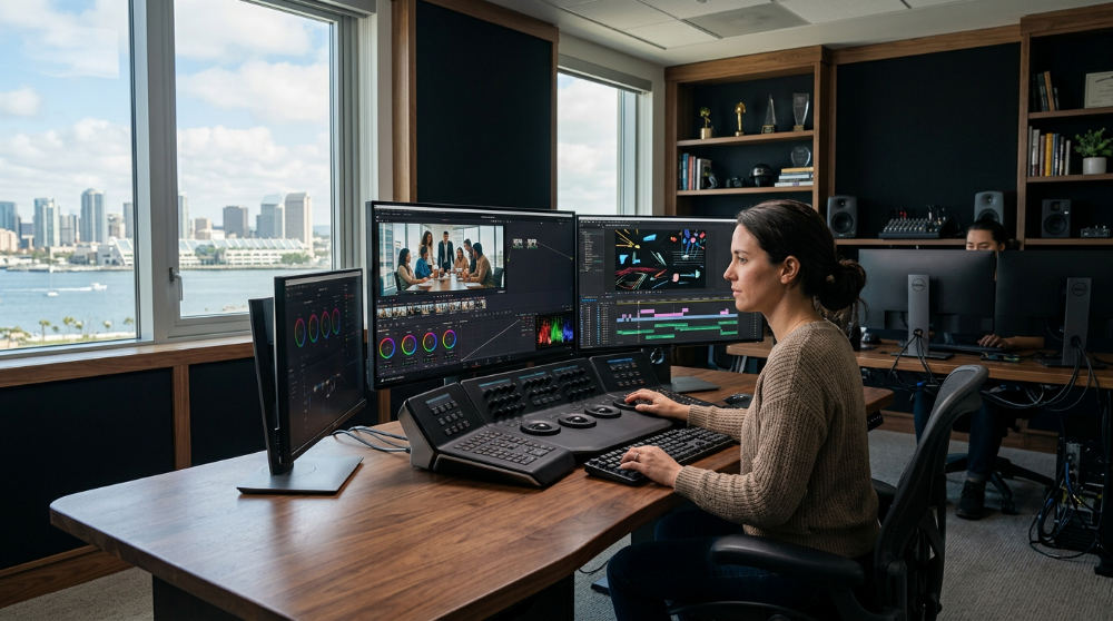 A video editor performs post-production tasks like color grading and motion graphics for business at a professional workstation.