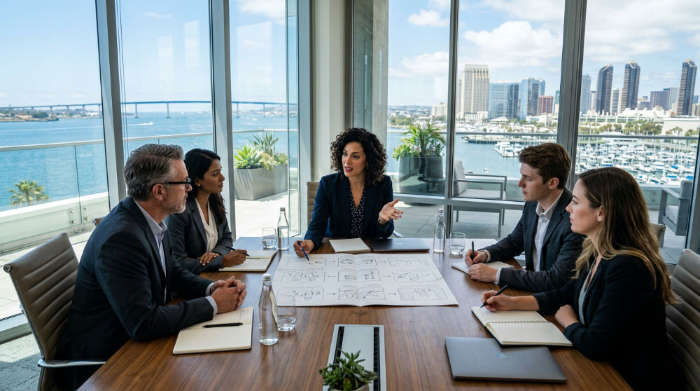 A creative team and corporate clients collaborate on storyboards for a brand storytelling video in a San Diego office.