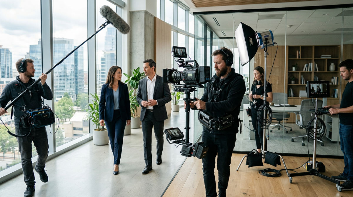 A professional film crew using high-end cinema cameras to capture corporate video content in a bright office.