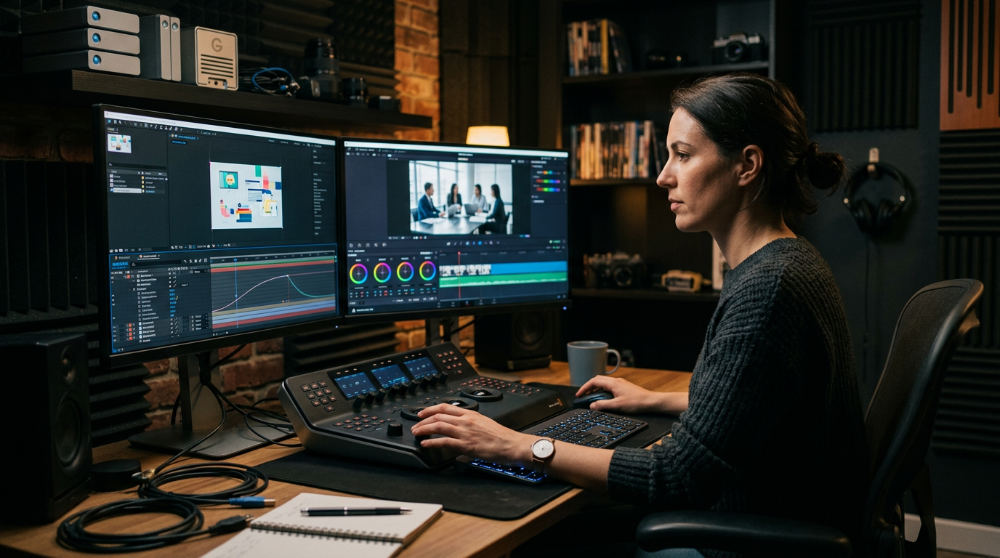 A professional video editor performing post-production color grading and motion graphics on a corporate brand film.