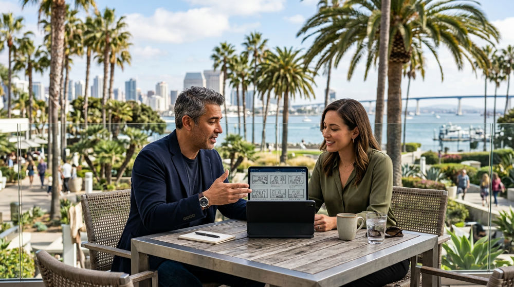 A director and client collaborating on pre-production planning for a corporate video shoot in San Diego.