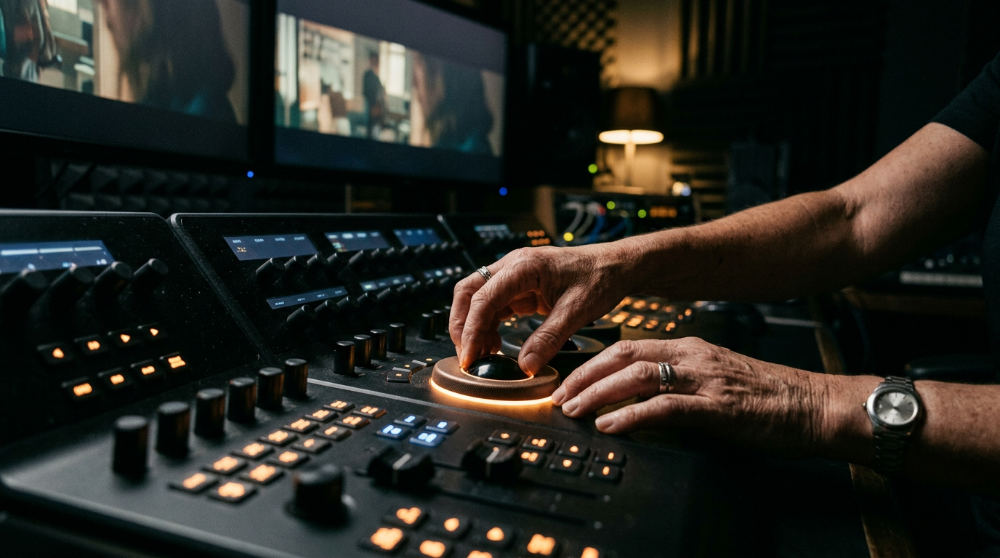 A technician uses a dedicated console to mix audio in the Fairlight tab for a movie project