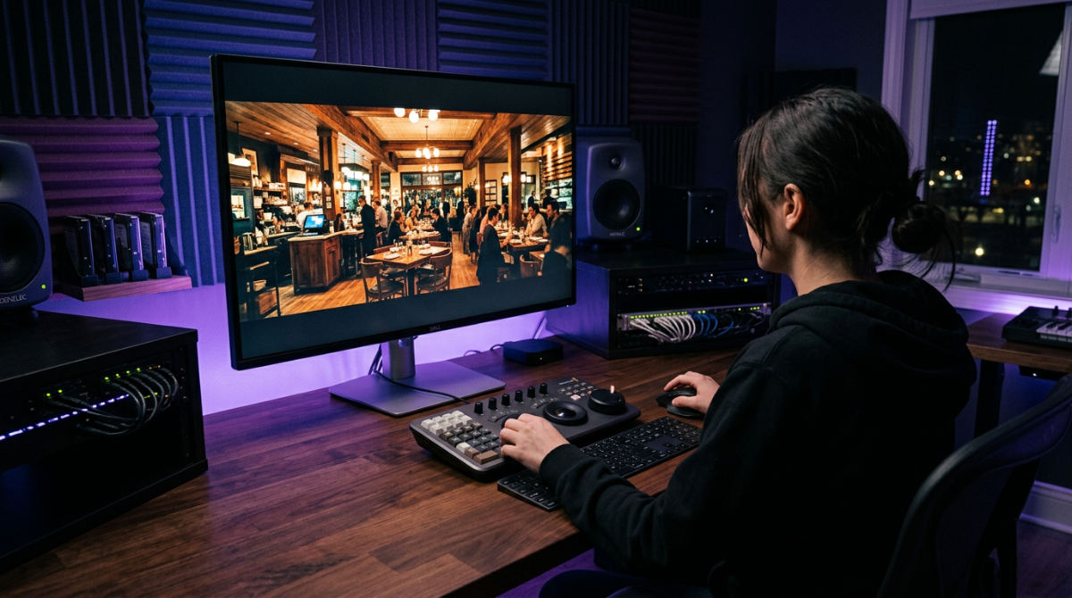 A professional video editing suite featuring high-end monitors and a dedicated color grading console for DaVinci Resolve.