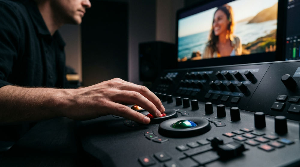 Professional video editor using a DaVinci Resolve Advanced Panel to adjust color wheels and nodes on a studio monitor.