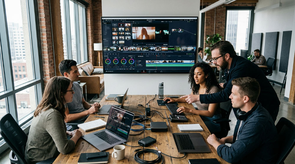 A team of creative professionals reviewing a commercial edit on multiple monitors in a dark post-production suite.