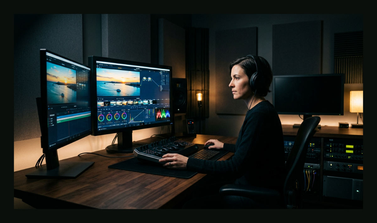 A professional colorist performs digital color grading on a high-end cinematic video in a modern San Diego production studio.