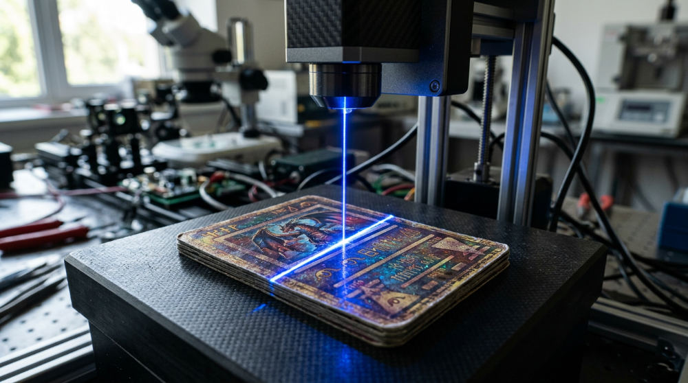 A digital grading company uses AI technology to scan the surface and edges of a collectible trading card.