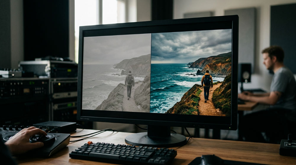 A visual comparison showing how professional digital color grading enhances the depth and vibrancy of corporate video footage.