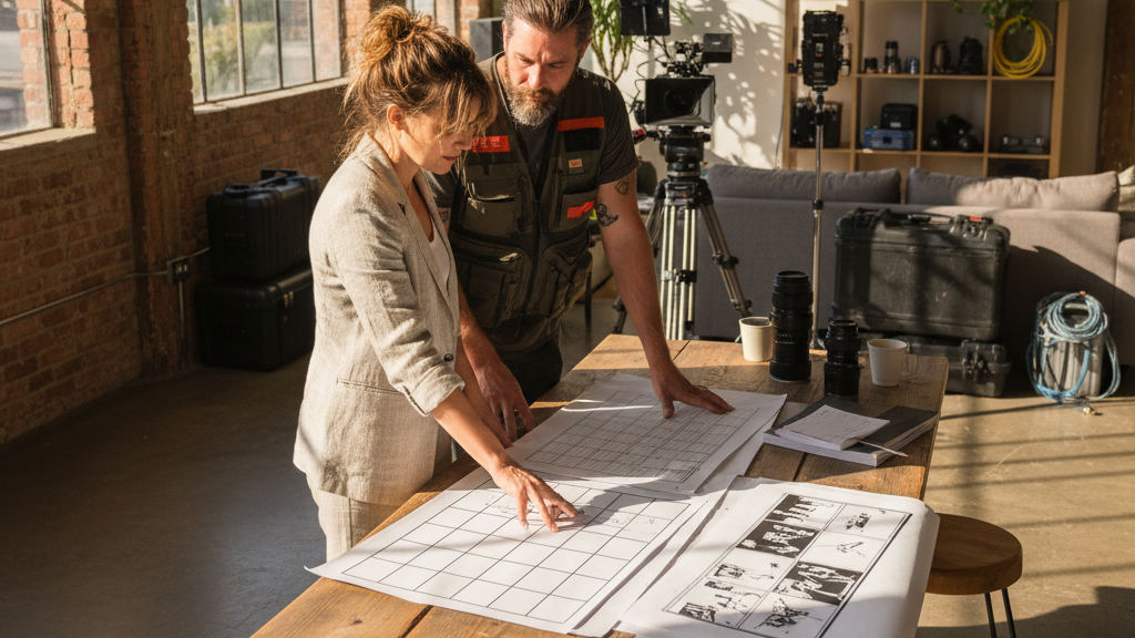 A creative team reviews documentary production schedules and storyboards in a professional San Diego studio setting.