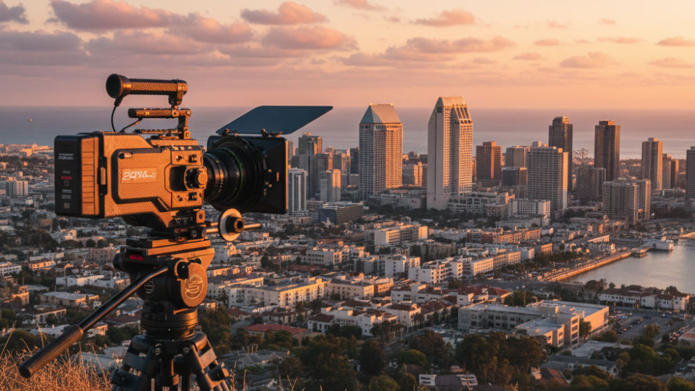 A professional cinema camera foregrounded against the San Diego city skyline at sunset, with the crew setting the tripod on a public plaza.