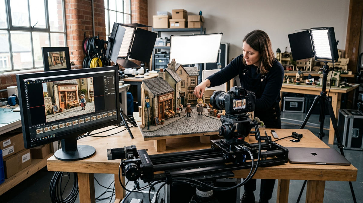 A professional stop-motion studio featuring a DSLR camera and motion control hardware for frame-perfect animation capture.