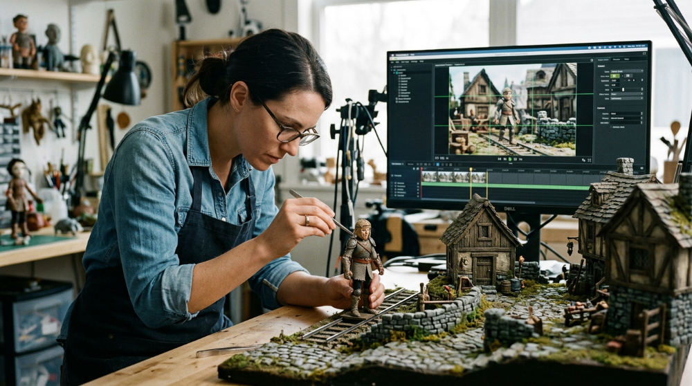 A professional animator carefully adjusting a physical puppet on a miniature set with the Dragonframe software interface visible on a monitor.