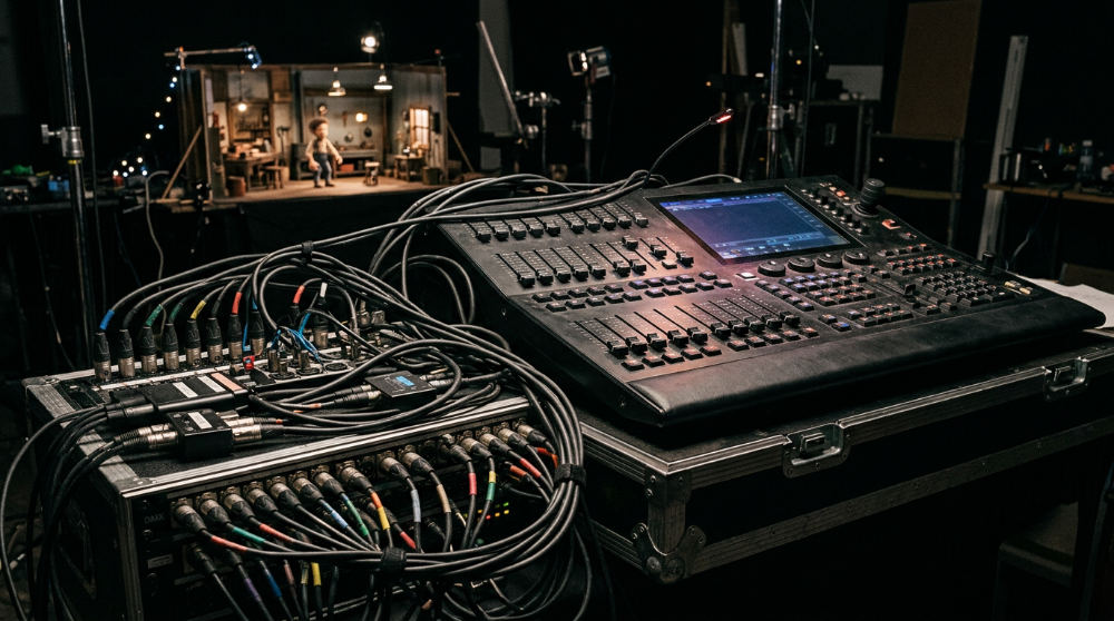 The specialized DDMX-512 hardware unit connected to lighting cables, showcasing how Dragonframe controls studio lights for animation.
