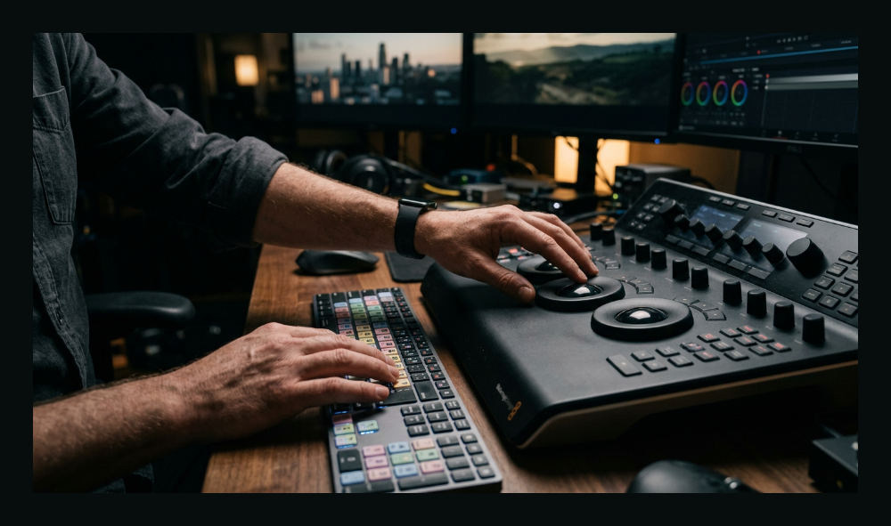 Close-up of video editing and post production tools