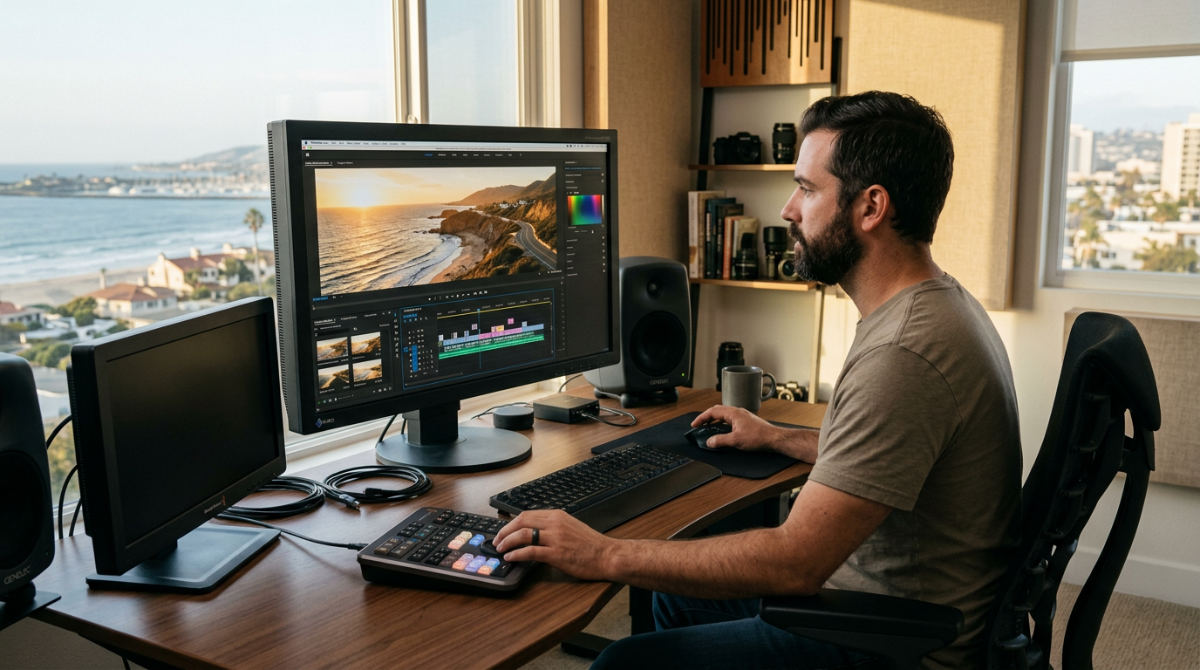 A professional video editing desk in San Diego showing the application of a cinematic film color overlay.