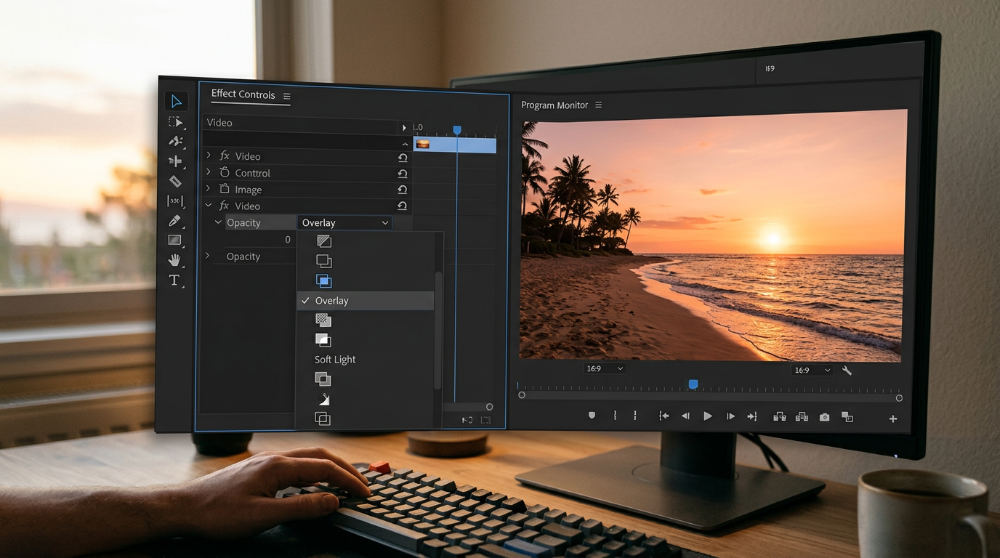 A video editing software interface showing the selection of blending modes for a film color overlay.