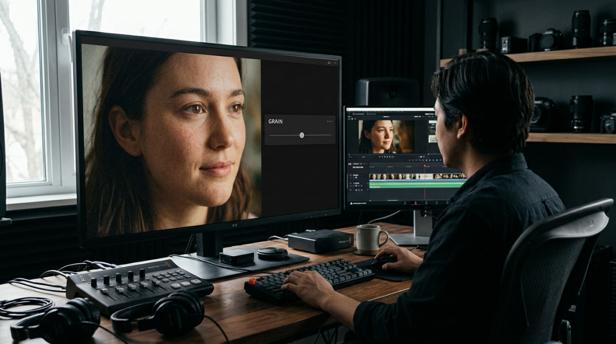 A professional editor applying a film grain overlay to a video project in a studio.