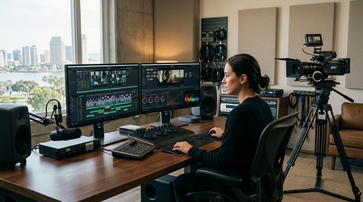 A professional video editing workstation displaying a complex post production timeline and color grading interface in a studio.