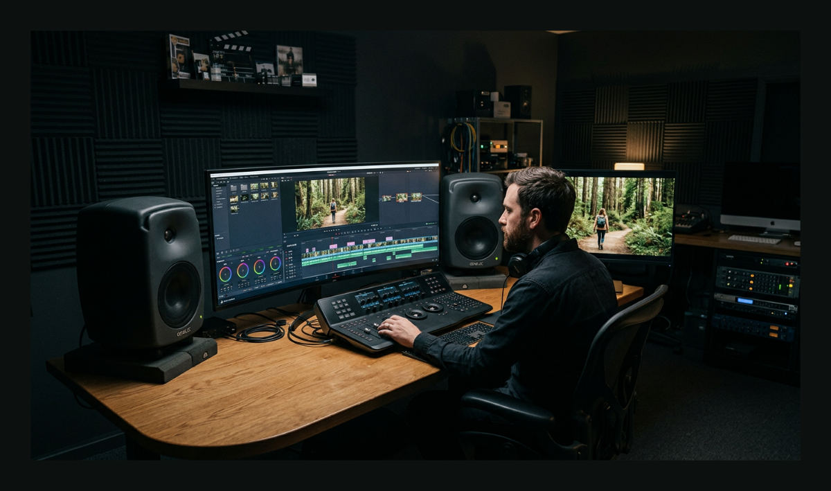 A professional film editing workstation featuring a multi-monitor setup with a detailed video editing timeline and color grading software.