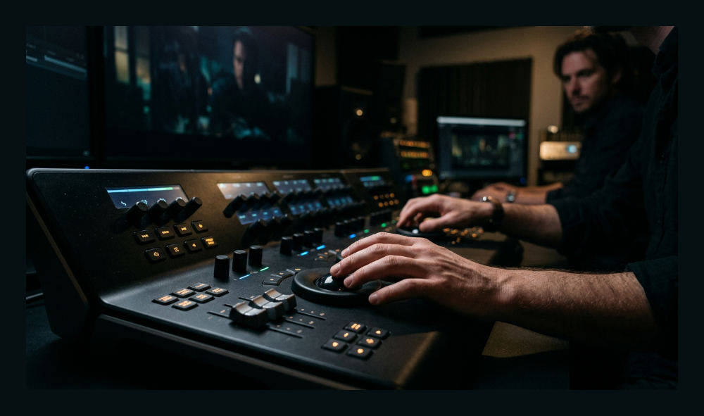 A professional colorist adjusts the visual tones and shadows of a film scene on a large reference monitor.