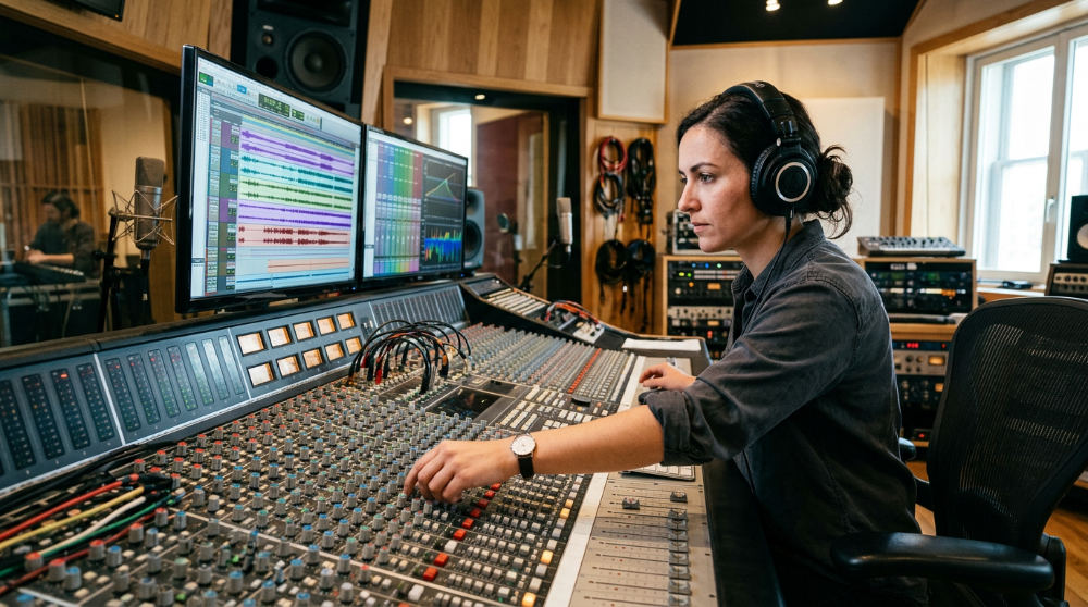 A sound designer uses a mixing console to synchronize dialogue and Foley in a professional recording studio.