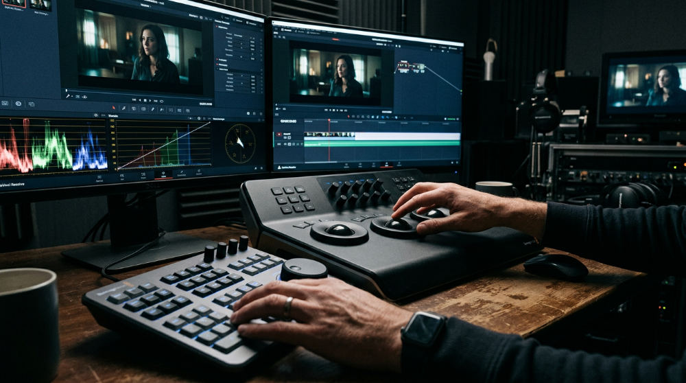 A professional colorist adjusts the visual tone of a commercial using a specialized control panel and high-resolution monitor.