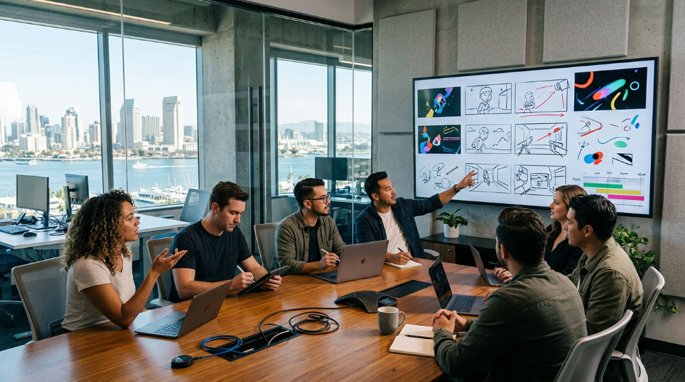 The editing team reviews the fine cut of a corporate video on a large screen to finalize transitions and pacing.
