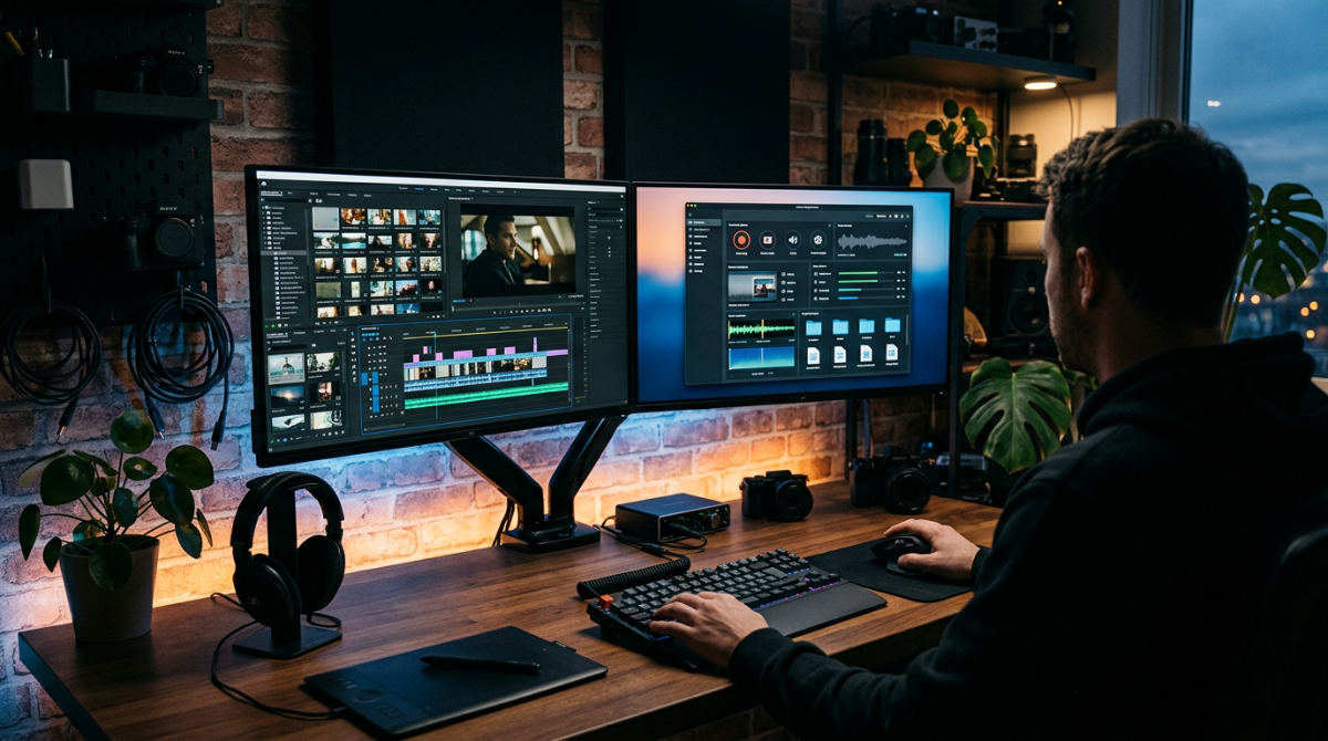 A professional dual monitor workspace showing advanced OBS screen recording software configurations in a creative production studio.
