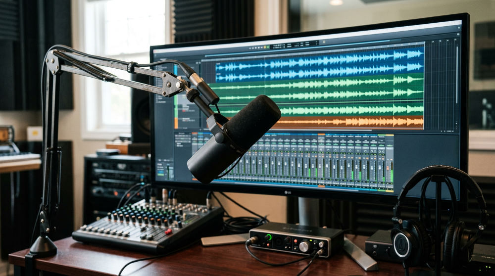 A professional microphone setup used for capturing high-quality audio with OBS screen recording software.