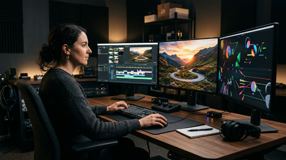 A professional video editor refining screen capture footage in a high-end post-production suite.