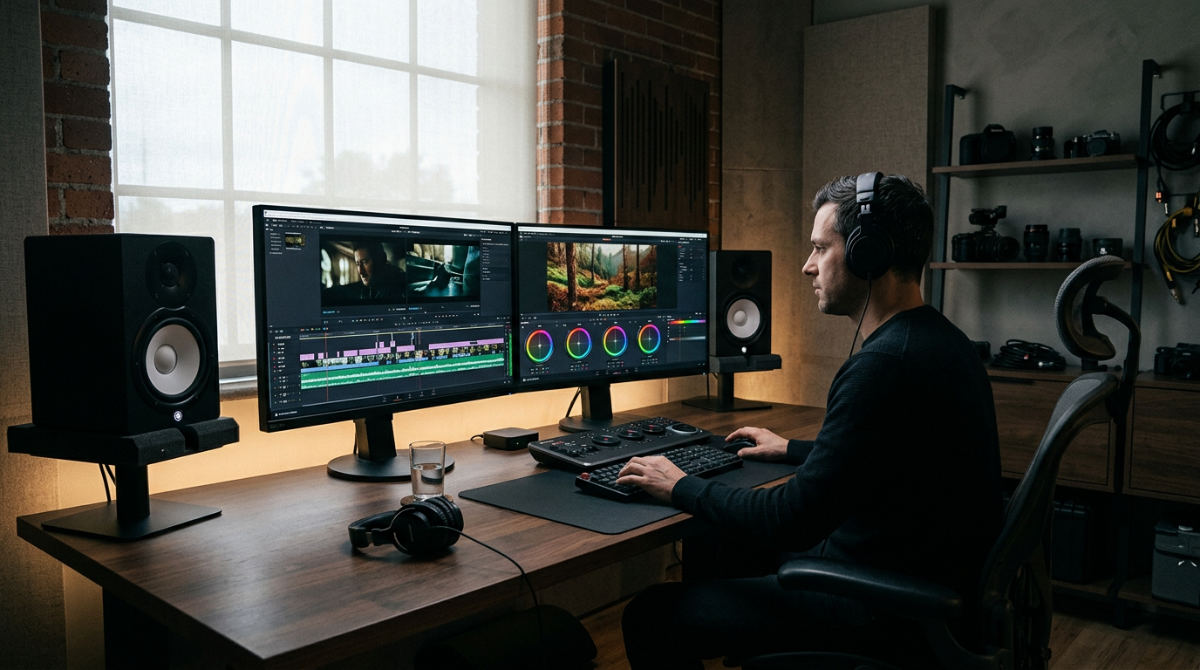 A professional video editing suite showing a color grading interface and high-end audio equipment for post production.