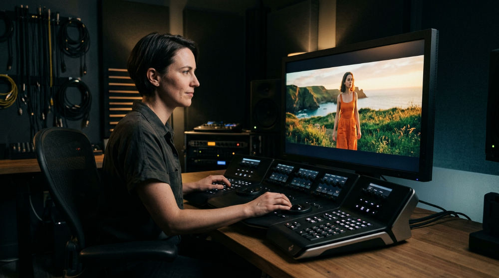 A colorist adjusts skin tones and shadows in a professional color grading studio during a high-end commercial session.