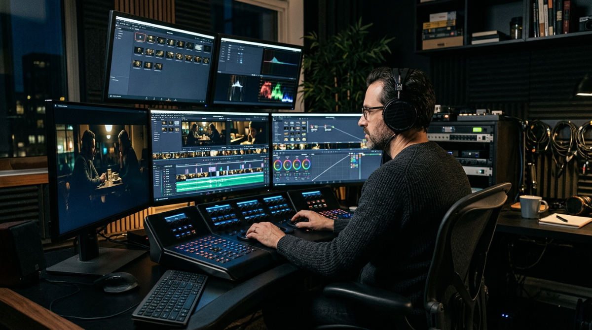 A professional film editing suite showing the detailed post production process for a cinematic brand video.